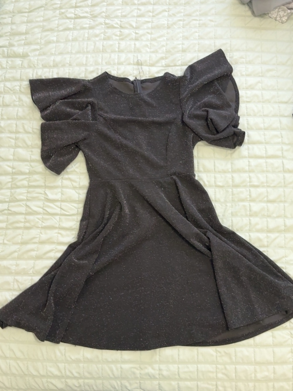 Glitter Puff-Sleeve Fit & Flare Dress - Black